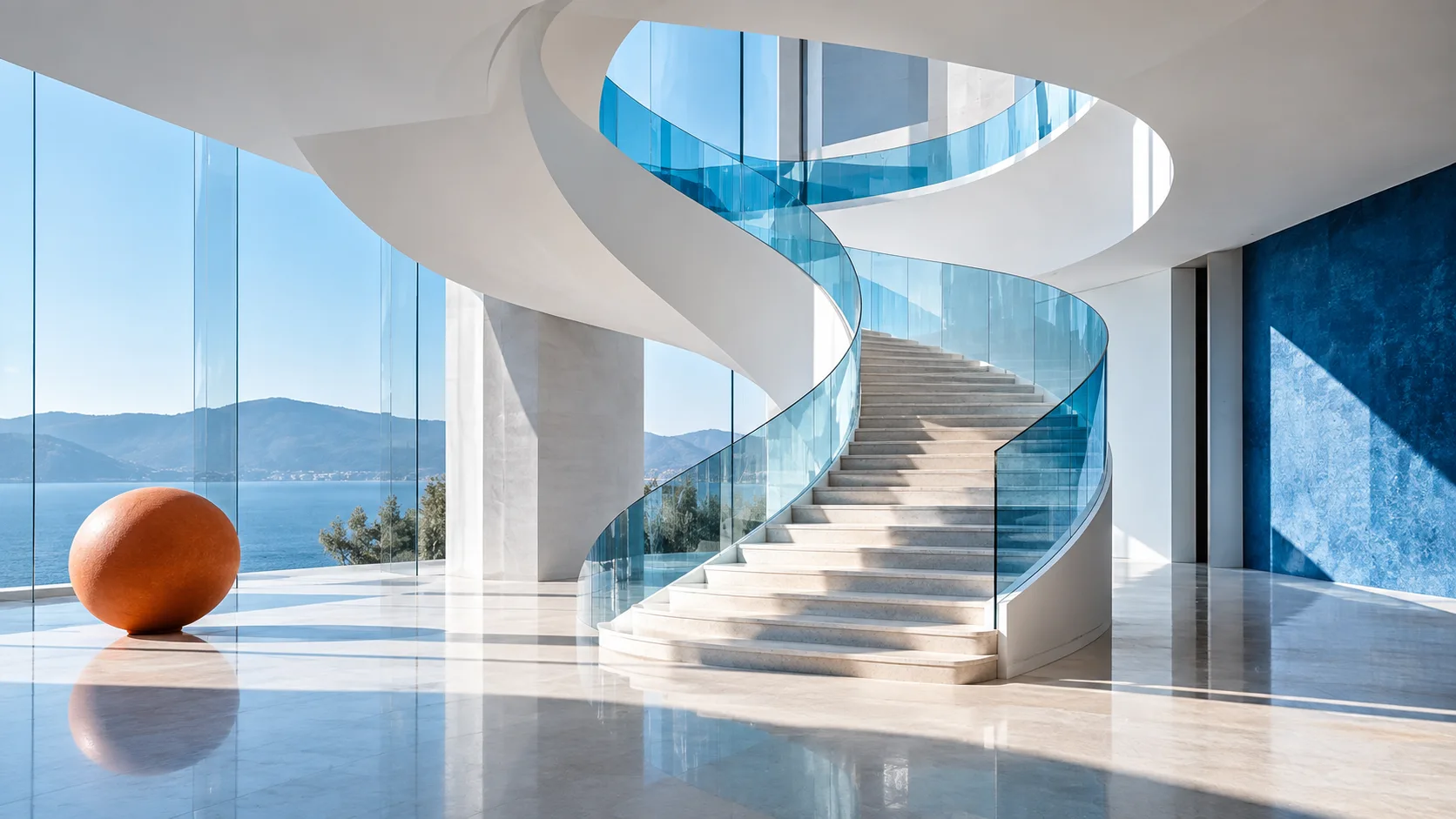Sunlit white architectural staircase with blue glass balustrades